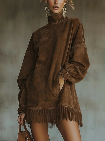 Gabrielle | Suede Effect Dress with High Neck and Fringing