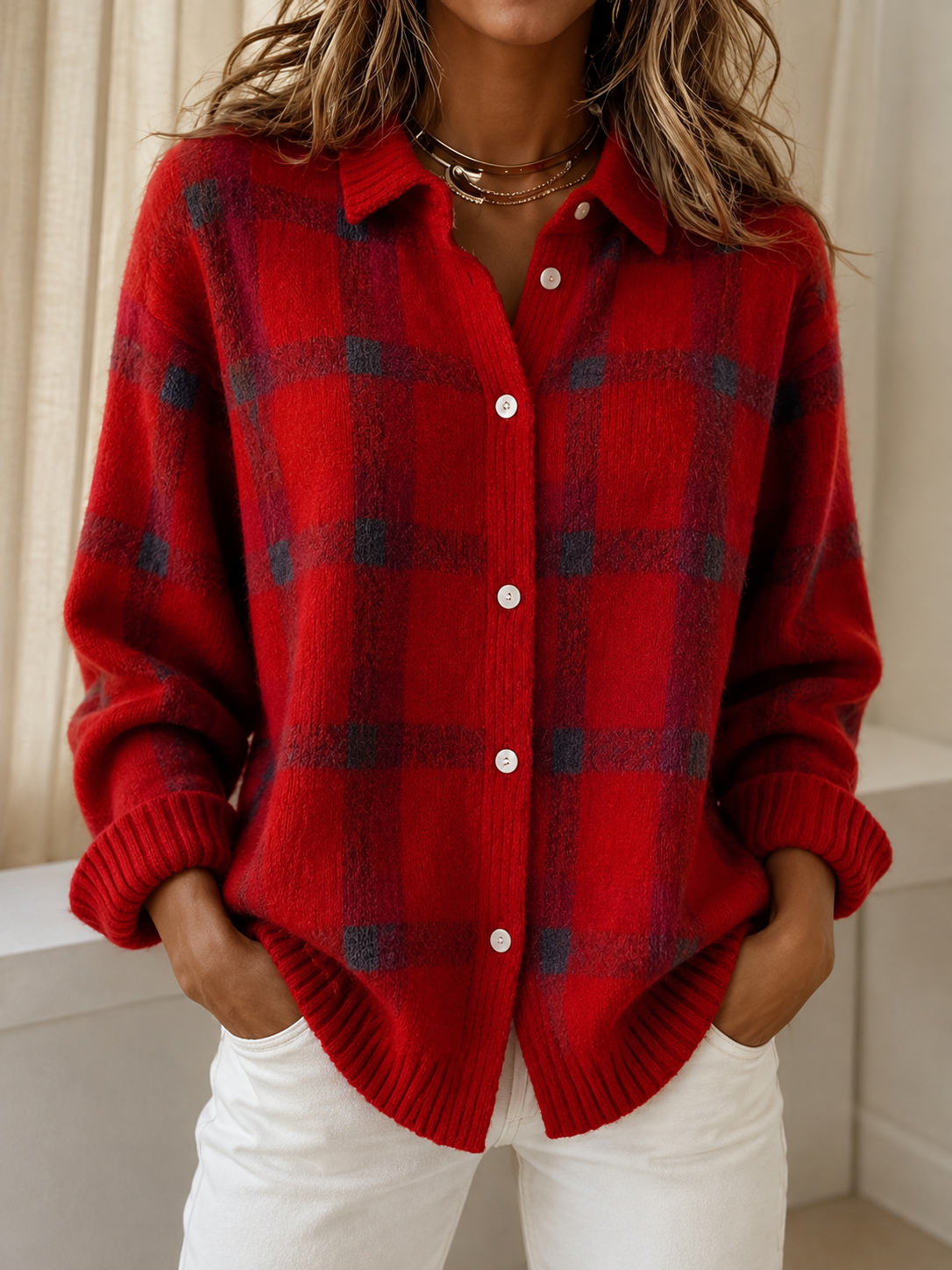 IRIS | Women's Plaid Open-Front Knit Cardigan