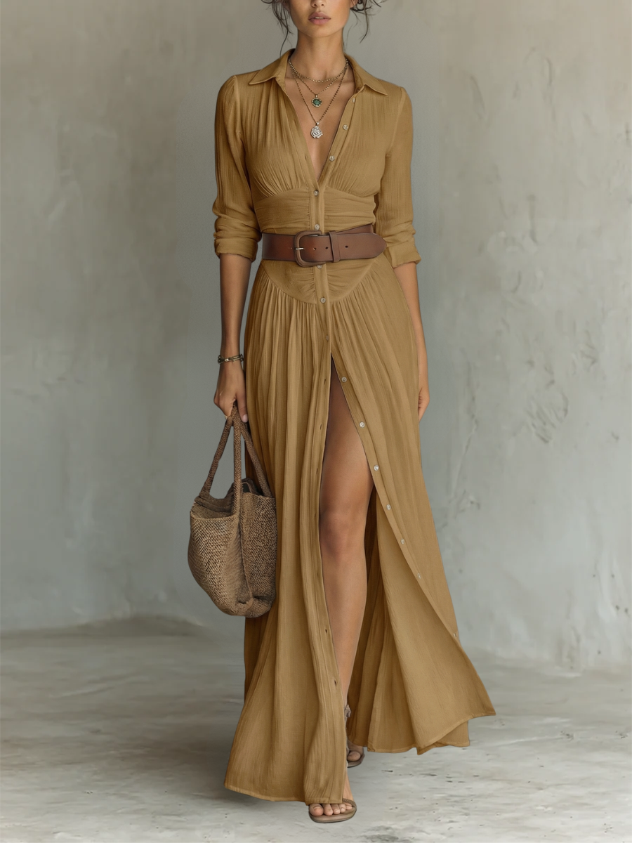 Long Maxi Dress with Lapel Collar and Long Sleeves