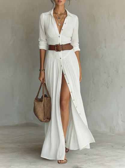 Long Maxi Dress with Lapel Collar and Long Sleeves