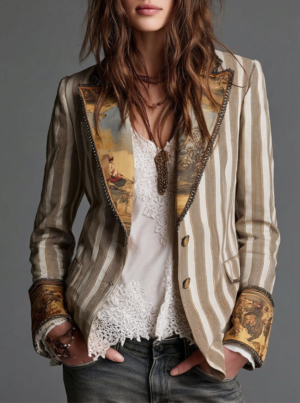 Sara - Bohemian Striped Blazer with Printed Collar