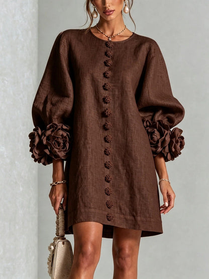 Floral Dress with Puff Sleeves and Round Neck