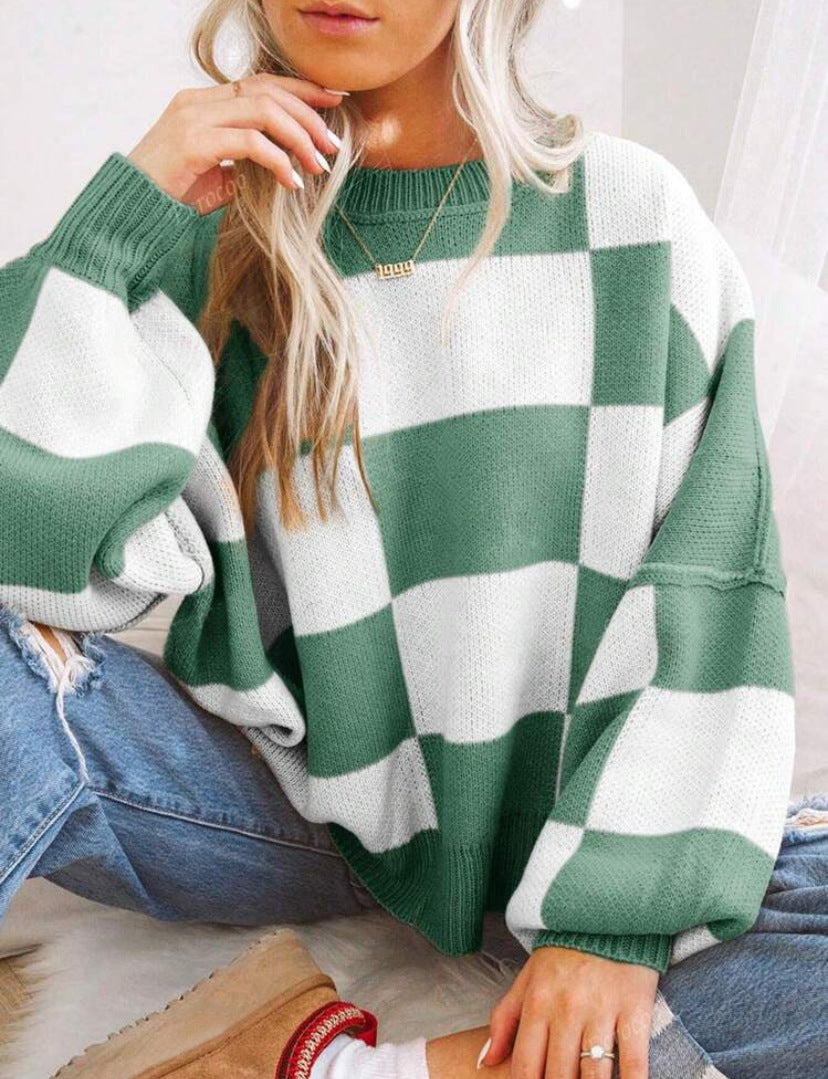 REVERIE™ - Casual Plaid Long Sleeve Round Neck Sweater
