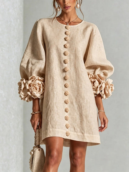 Floral Dress with Puff Sleeves and Round Neck