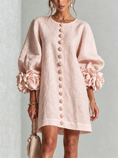 Floral Dress with Puff Sleeves and Round Neck