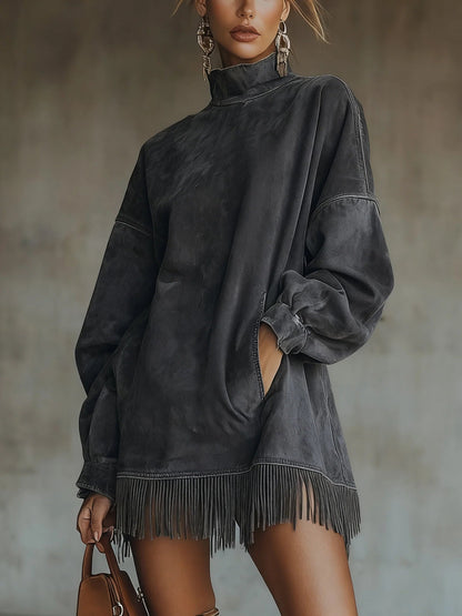 Gabrielle | Suede Effect Dress with High Neck and Fringing