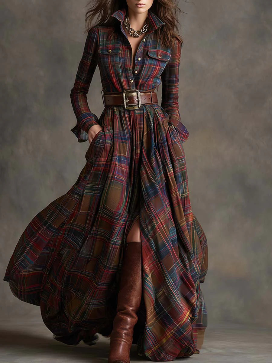 Béatrice | Long Check Dress with Belt