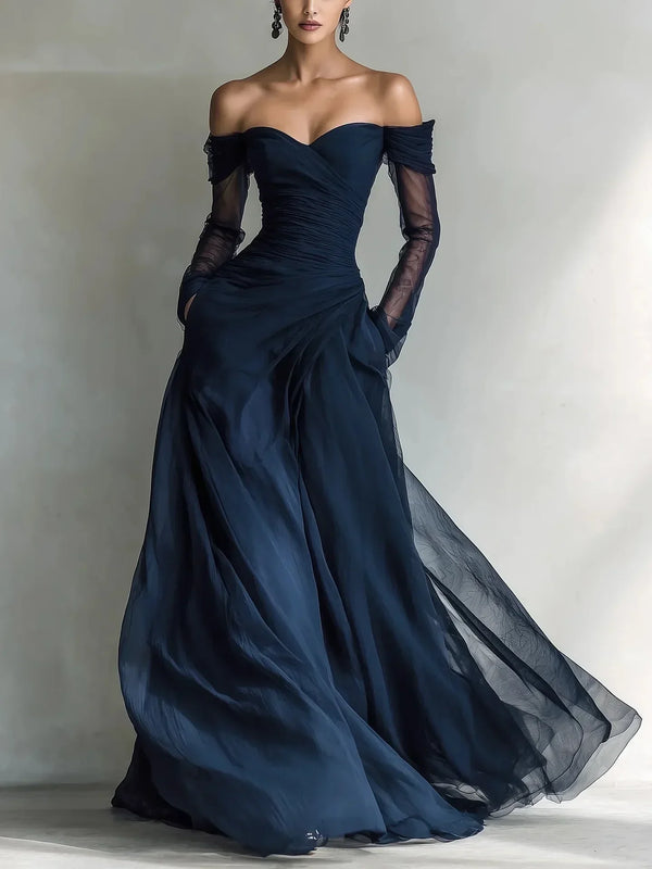 Eleonora | Long dress with off-shoulder design and mesh inserts
