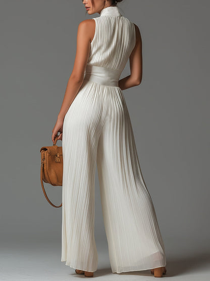 Mariella | Sleeveless Pleated Jumpsuit with Zip, White