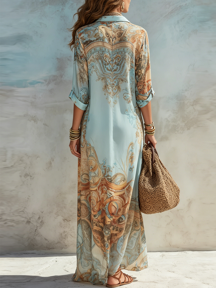 Velia | Baroque Print Maxi Shirt Dress, Light Blue