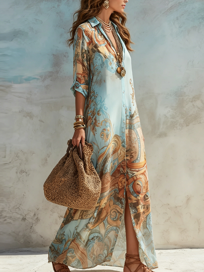 Velia | Baroque Print Maxi Shirt Dress, Light Blue