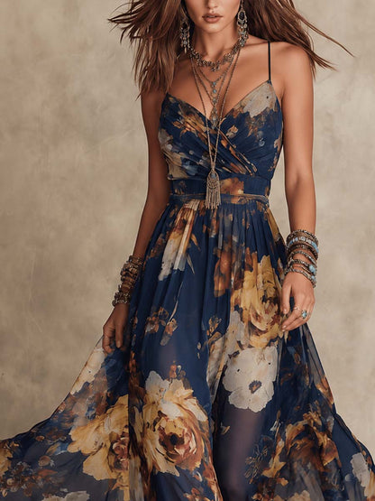 Melissa | Maxi Chiffon Floral Dress with Thin Straps, Navy Blue