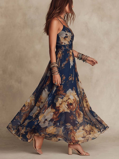 Melissa | Maxi Chiffon Floral Dress with Thin Straps, Navy Blue