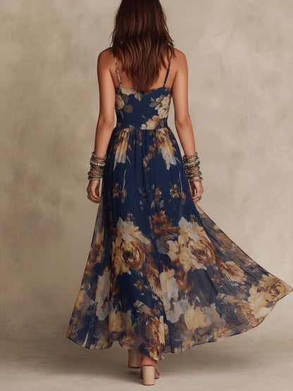 Melissa | Maxi Chiffon Floral Dress with Thin Straps, Navy Blue
