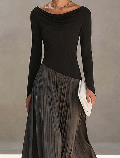 Virginia | Maxi Pleated Dress with Draped Neckline, Black and Grey