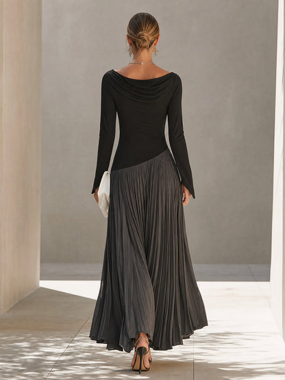 Virginia | Maxi Pleated Dress with Draped Neckline, Black and Grey
