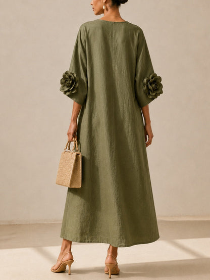 Floriana | Midi Dress with Fabric Flowers on the Sleeves, Olive Green