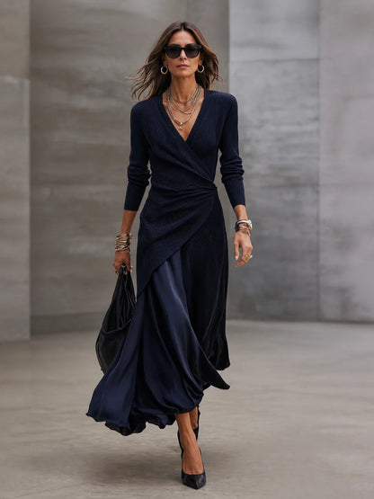 Tamara | Maxi Wrap Dress with Satin Skirt, Navy Blue