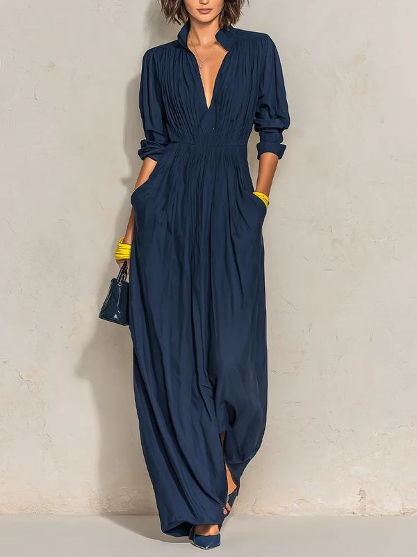 Ofelia | Long Pleated Dress with V-Neck and High Collar, Navy Blue