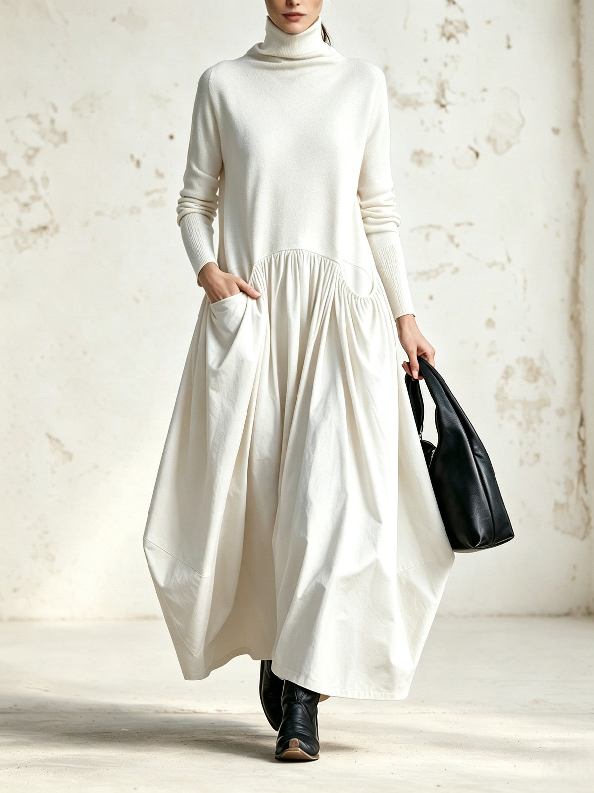 Oversized High Neck Long Dress with Pockets