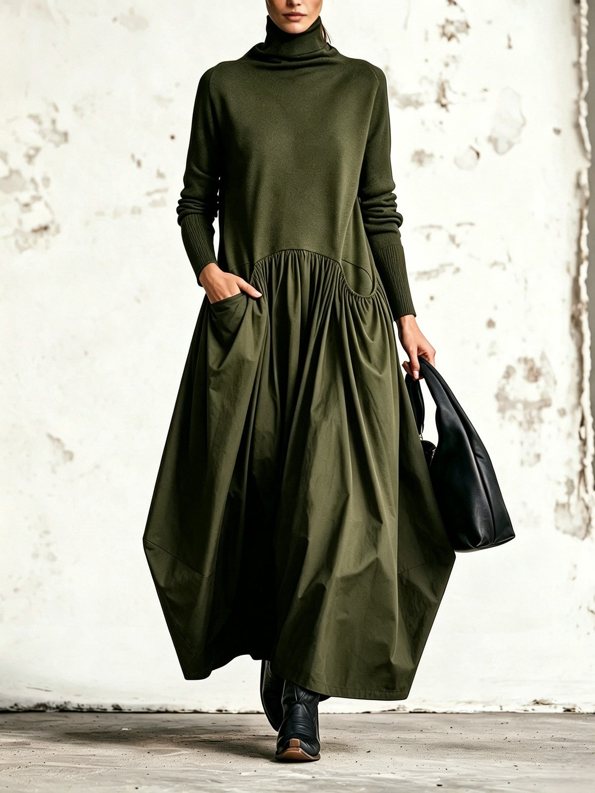 Oversized High Neck Long Dress with Pockets