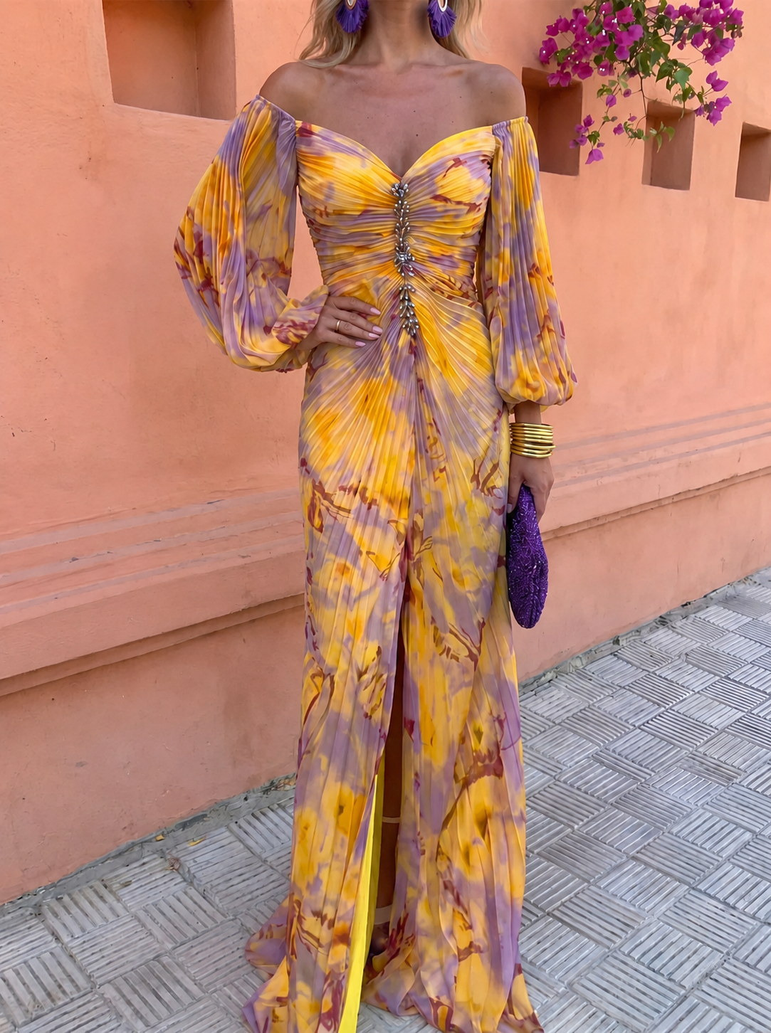 Greta™ | Long floral dress with deep neckline