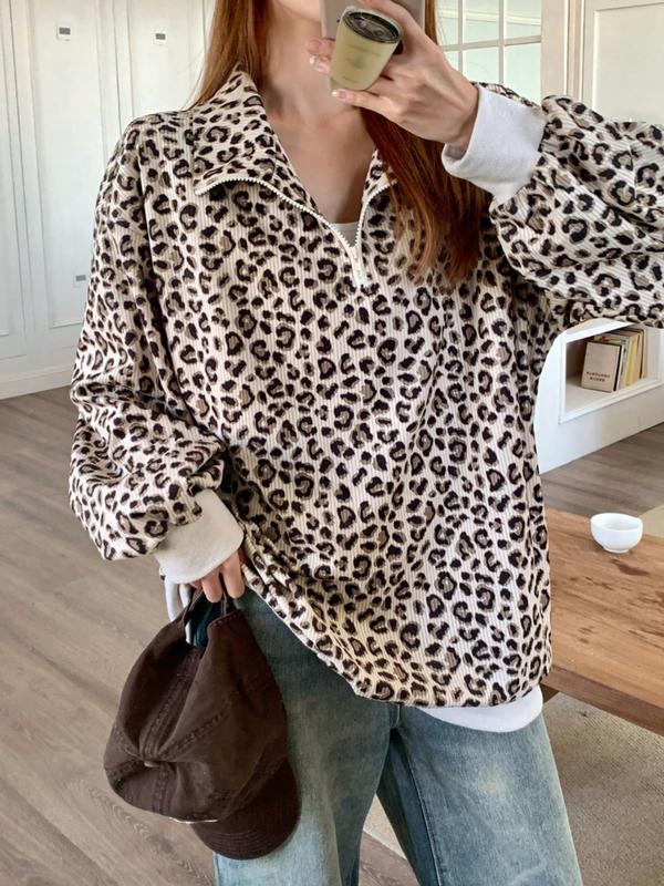INGRID™ - Women’s Casual Zip-Up Front Leopard Print Sweatshirt Long Sleeve