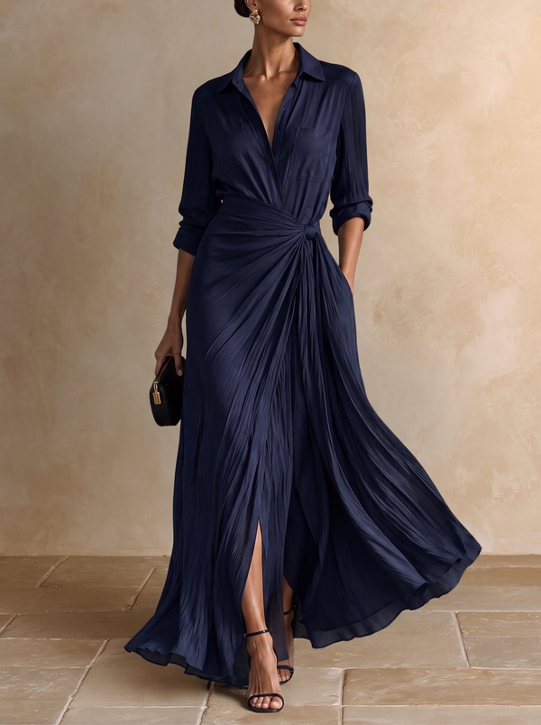 Allegra | Maxi Shirt Dress with Waist Knot, Navy Blue
