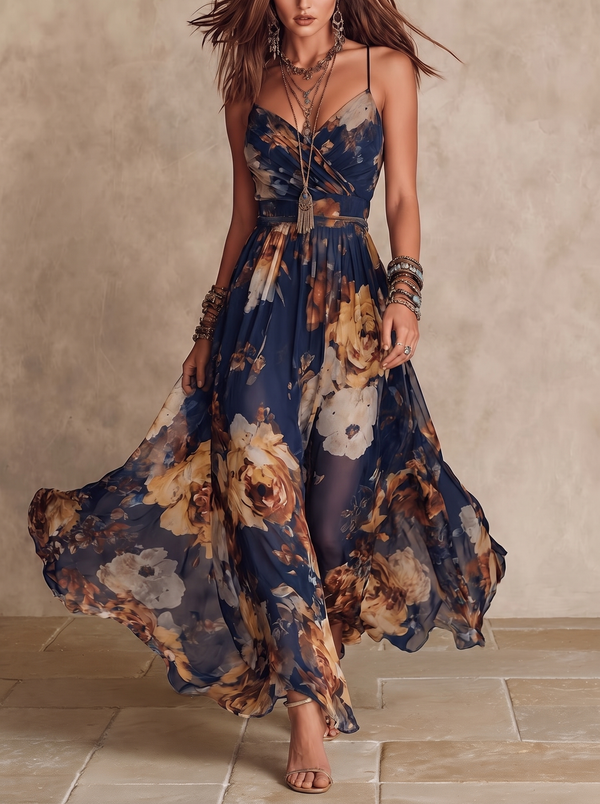 Melissa | Maxi Chiffon Floral Dress with Thin Straps, Navy Blue