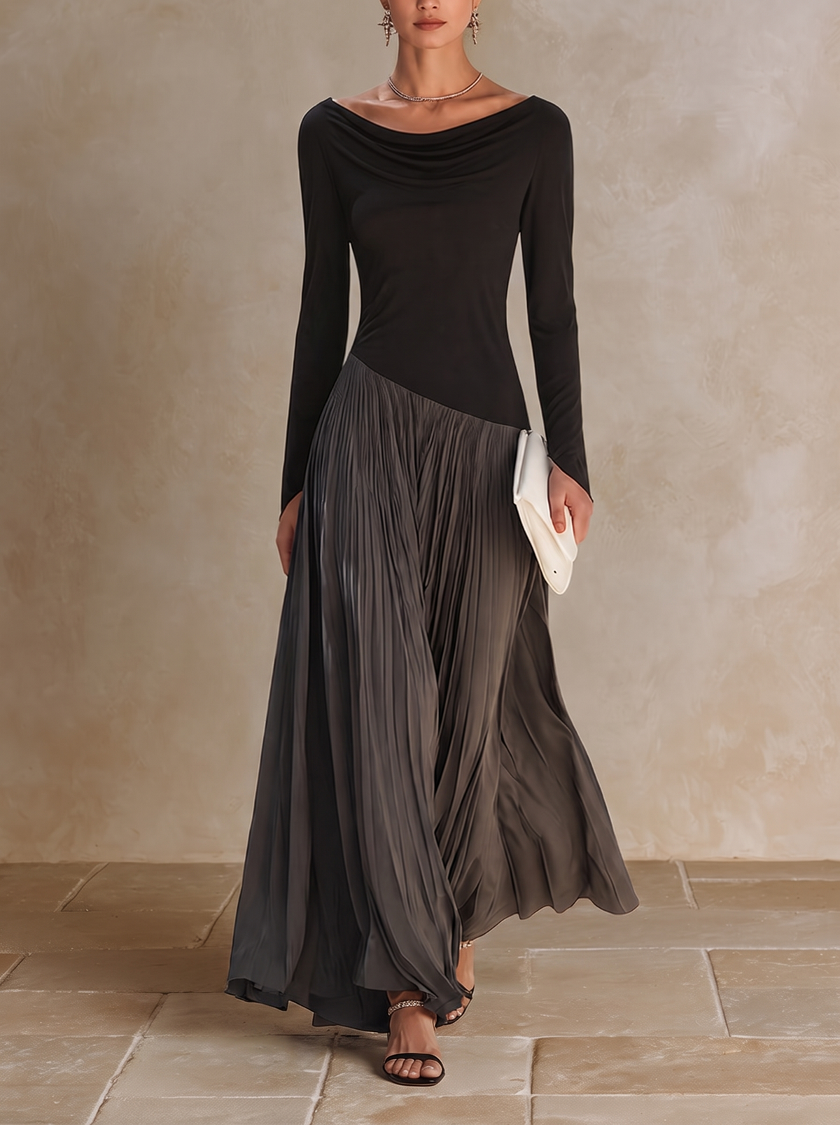Virginia | Maxi Pleated Dress with Draped Neckline, Black and Grey