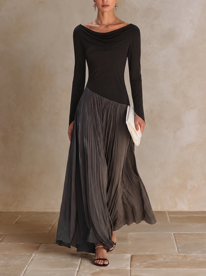 Virginia | Maxi Pleated Dress with Draped Neckline, Black and Grey
