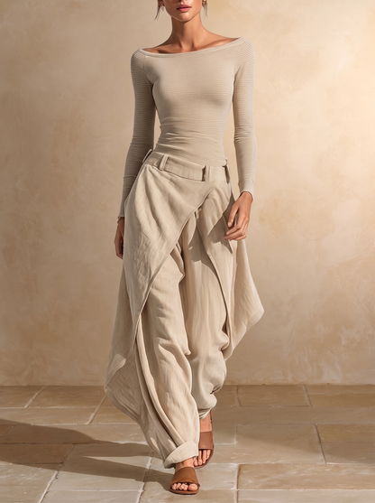 Orsola | Boat Neck Top and Layered Trousers, Beige