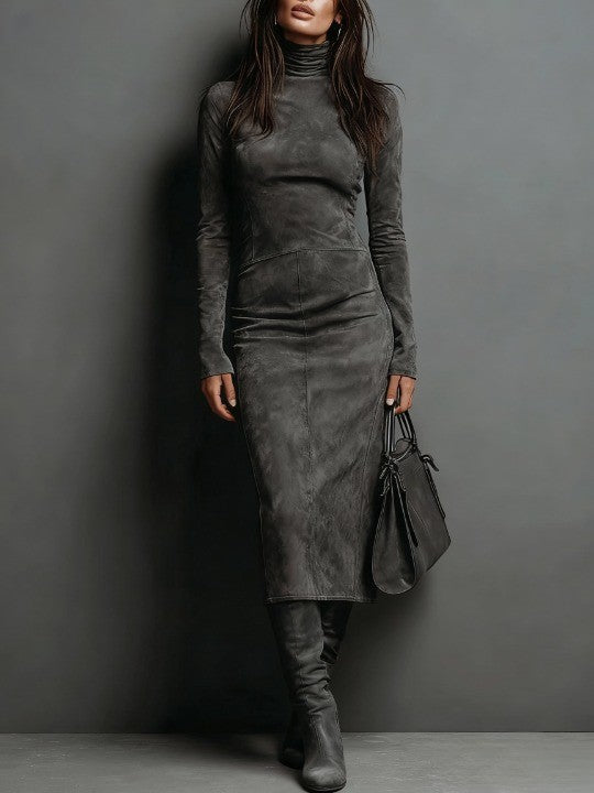 Lorène | Brown Midi Dress with Suede Effect
