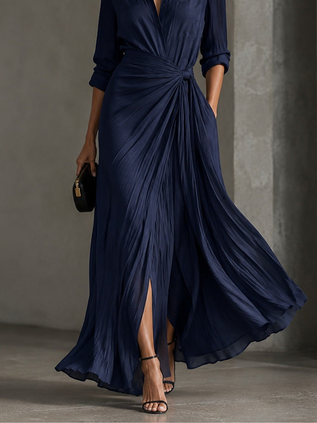 Allegra | Maxi Shirt Dress with Waist Knot, Navy Blue