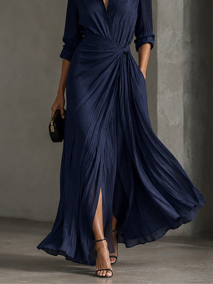 Allegra | Maxi Shirt Dress with Waist Knot, Navy Blue