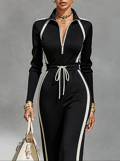 Doriana | Sports Set with Contrast Stripes and Half Zip, Black