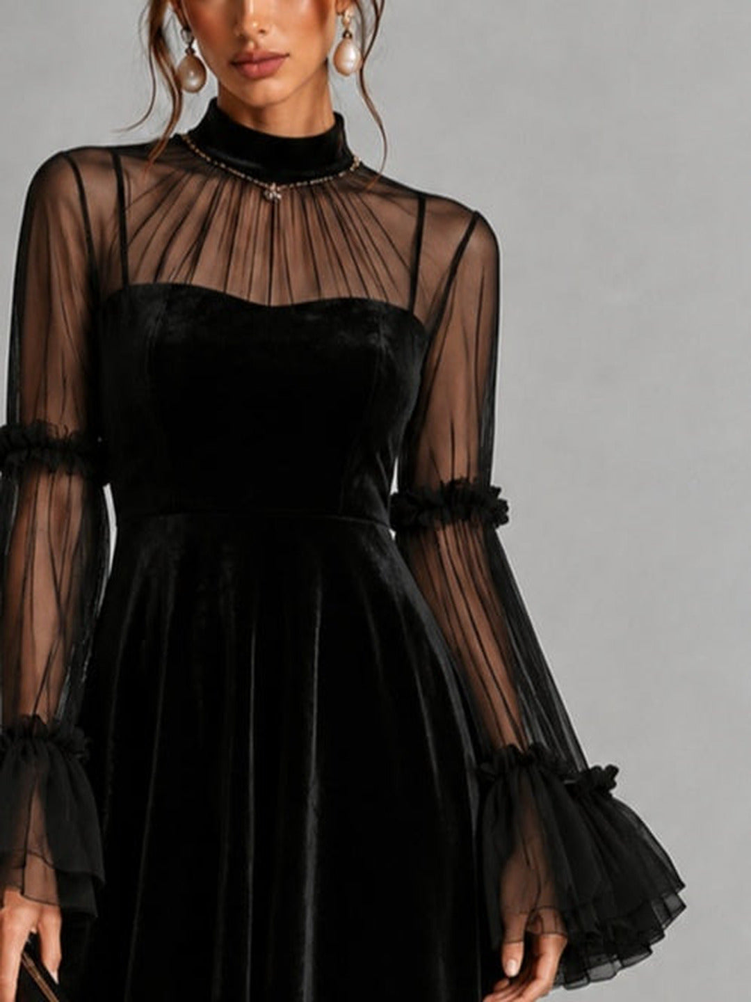 Berenice | Midi Velvet Dress with Tulle Sleeves, Black