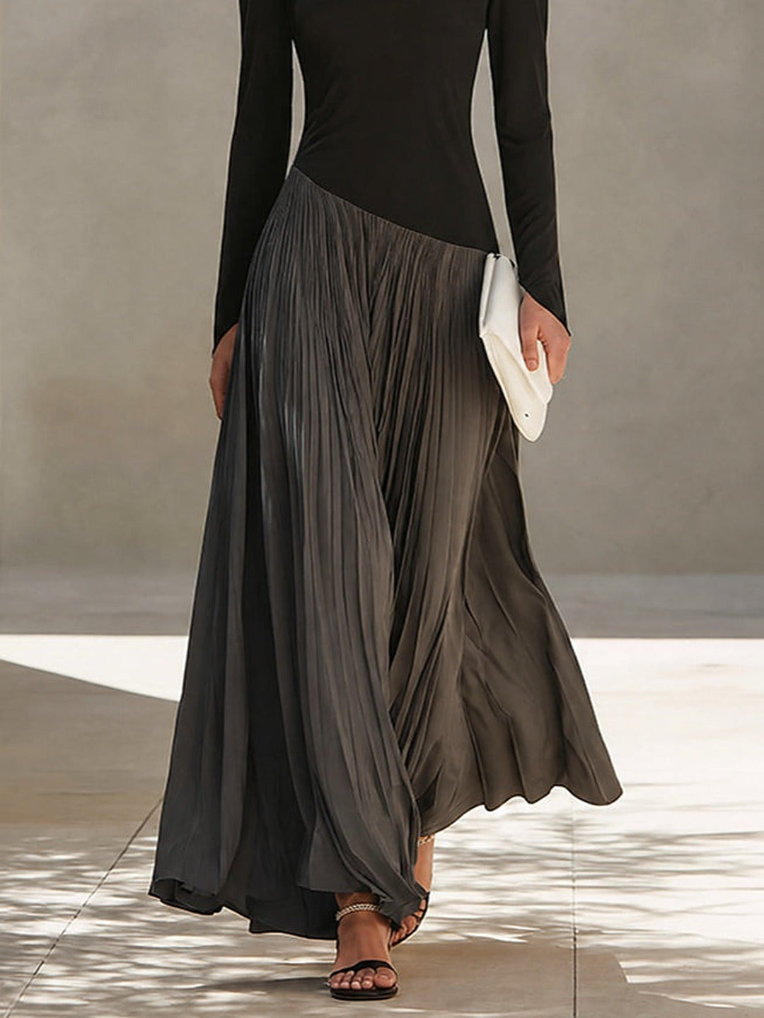 Virginia | Maxi Pleated Dress with Draped Neckline, Black and Grey