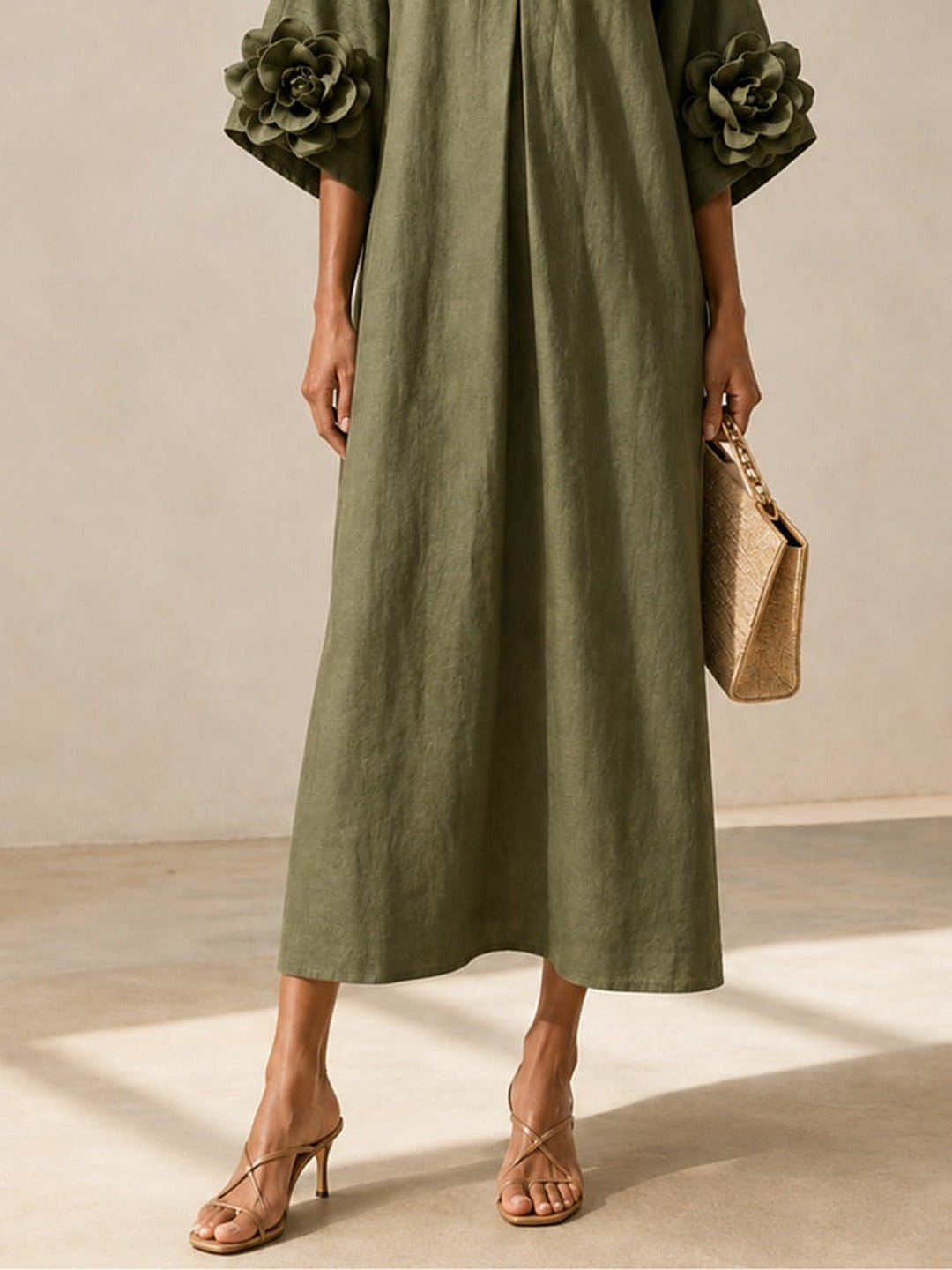 Floriana | Midi Dress with Fabric Flowers on the Sleeves, Olive Green