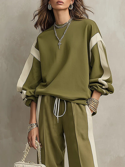 Romina | Complete Sweatshirt and Trousers with Side Stripe, Olive Green