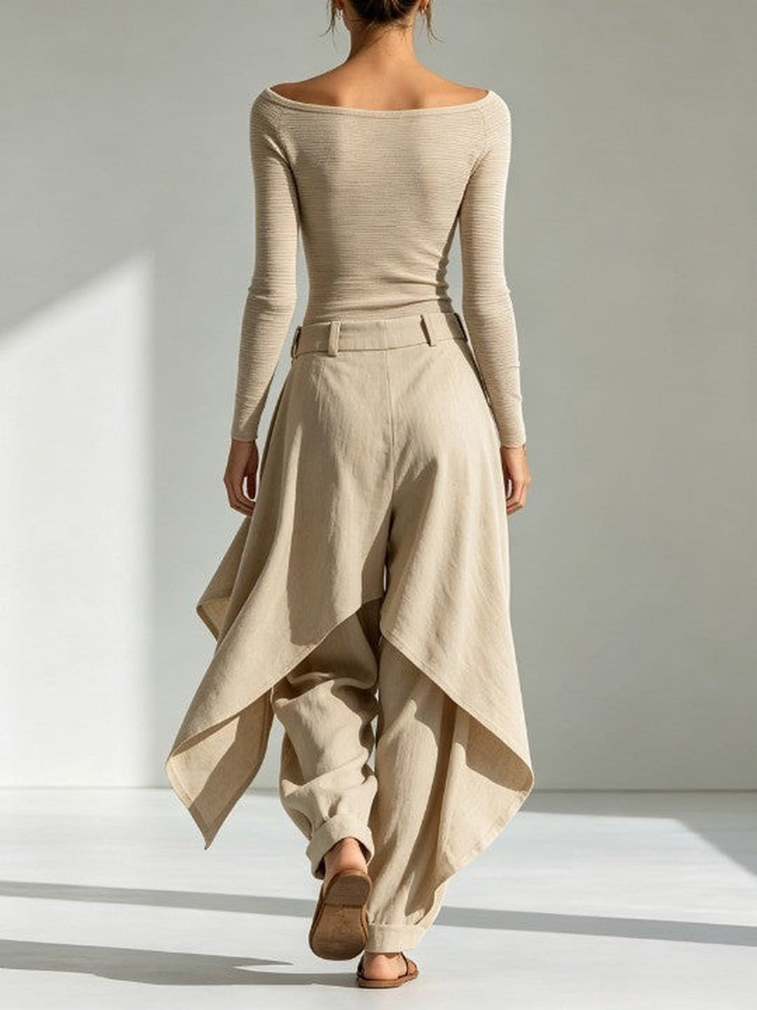 Orsola | Boat Neck Top and Layered Trousers, Beige