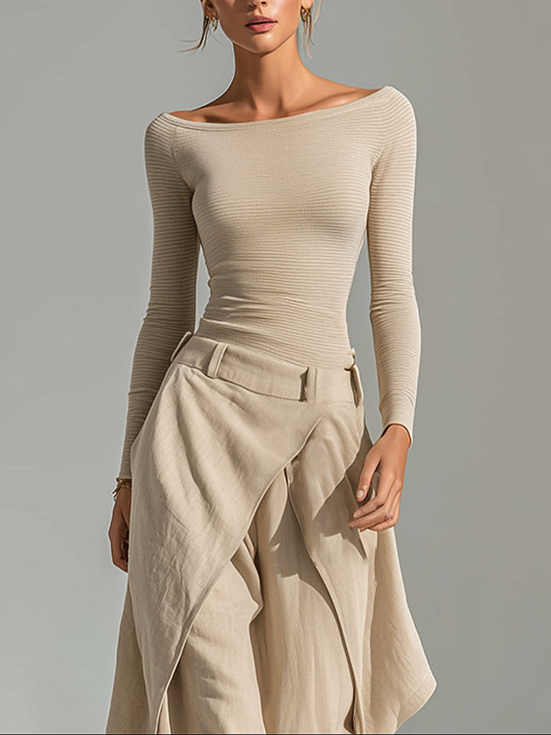 Orsola | Boat Neck Top and Layered Trousers, Beige