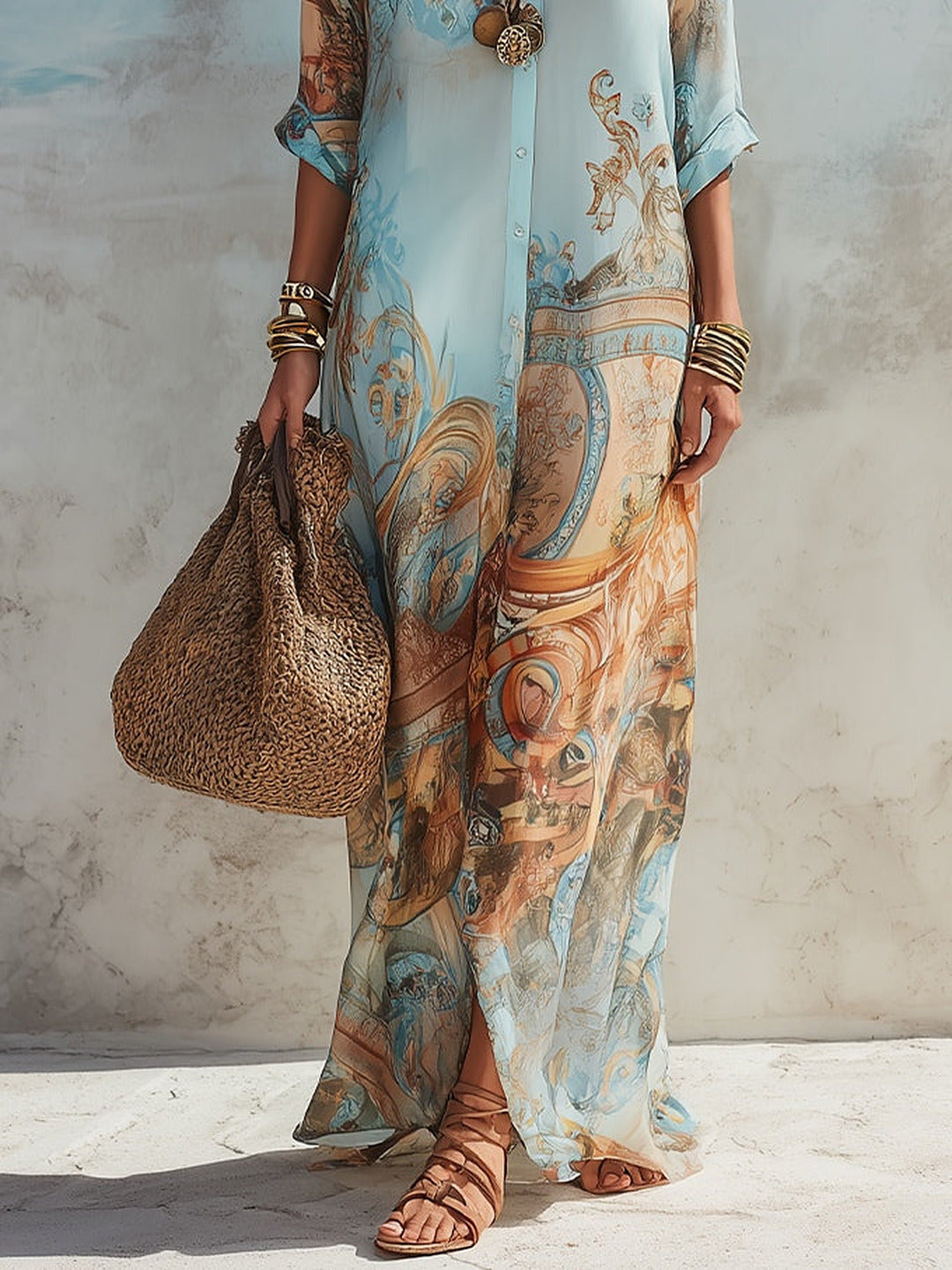 Velia | Baroque Print Maxi Shirt Dress, Light Blue