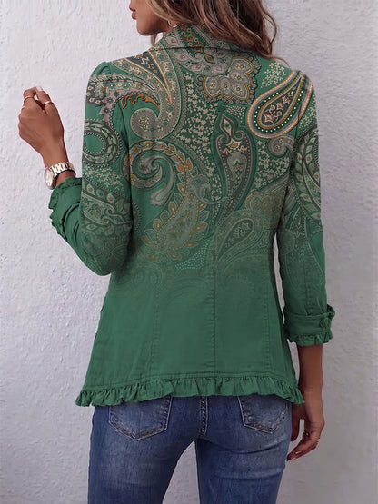 Costanza | Green Paisley Bohemian Jacket with Ruffles