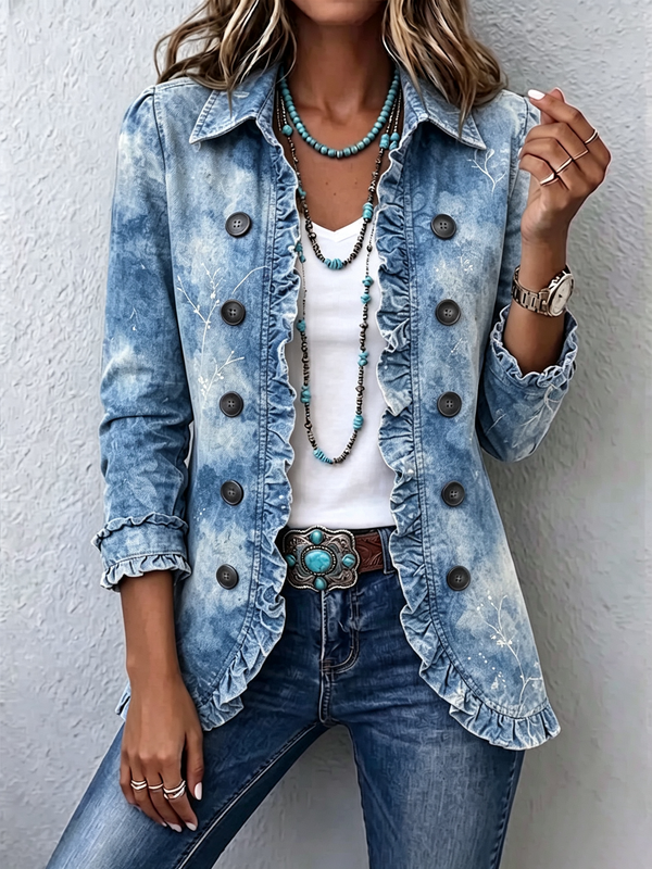 Ginevra | Vintage Blue Botanical Bohemian Jacket with Ruffles