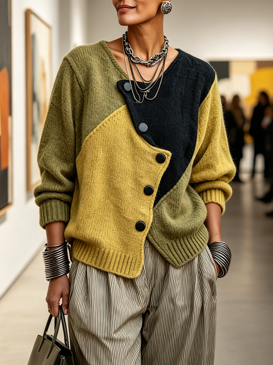 FREYA | Women's Colour-Block Asymmetric Button Knit Cardigan