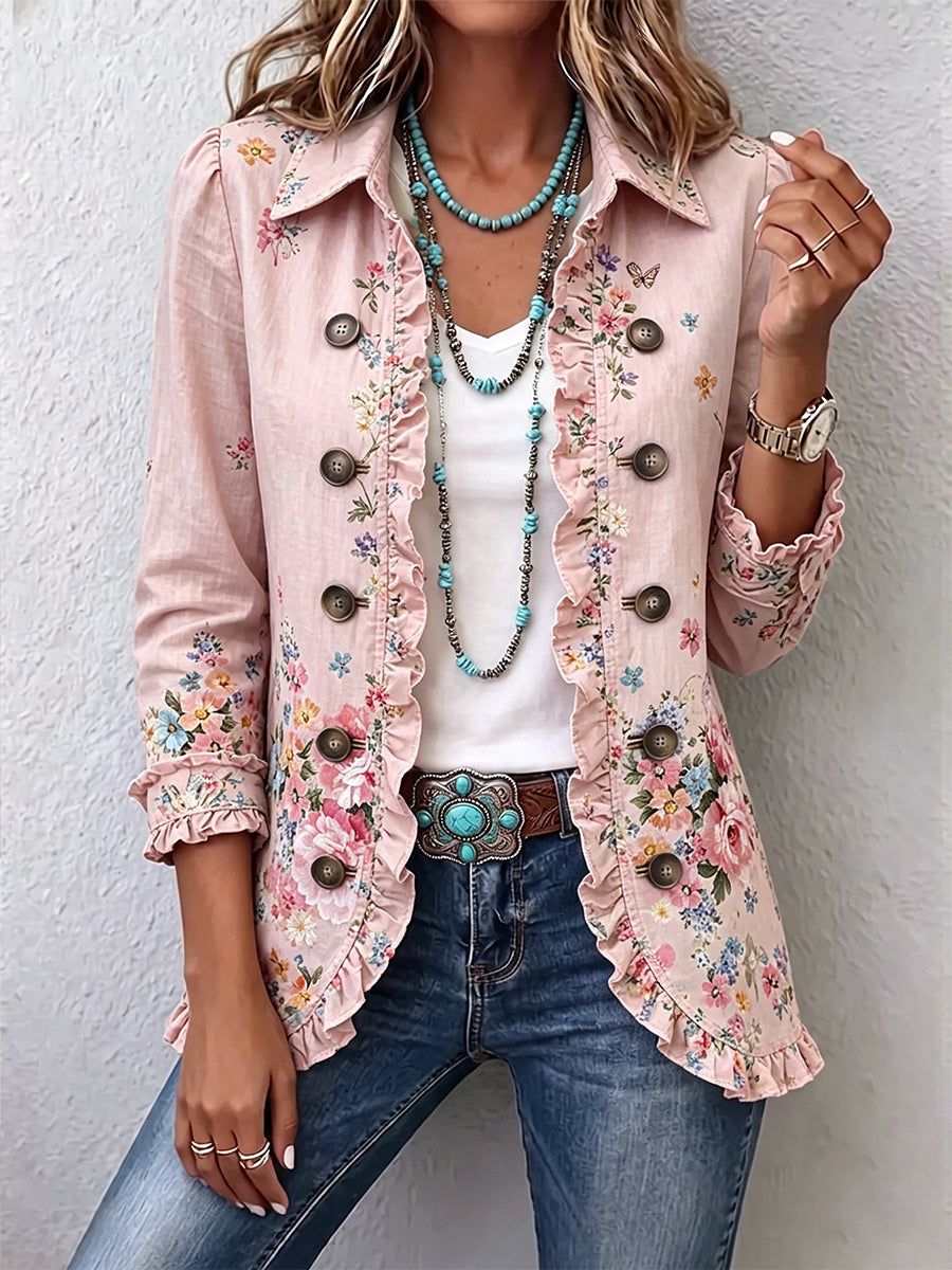 Martina | Pink Floral Jacket with Ruffles and Buttons