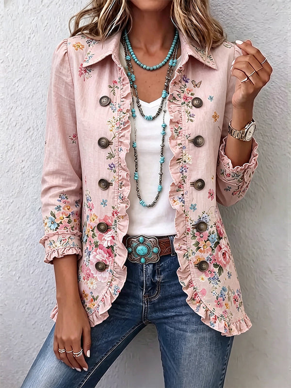 Martina | Pink Floral Jacket with Ruffles and Buttons