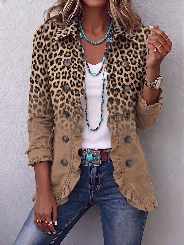 Corinna | Vintage Camel Gradient Leopard Print Jacket with Ruffles