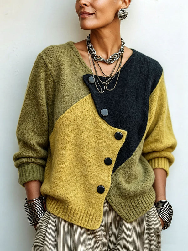FREYA | Women's Colour-Block Asymmetric Button Knit Cardigan